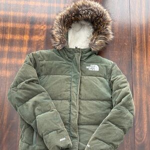 The North Face Olive Puffer Jacket with Faux Fur Hood